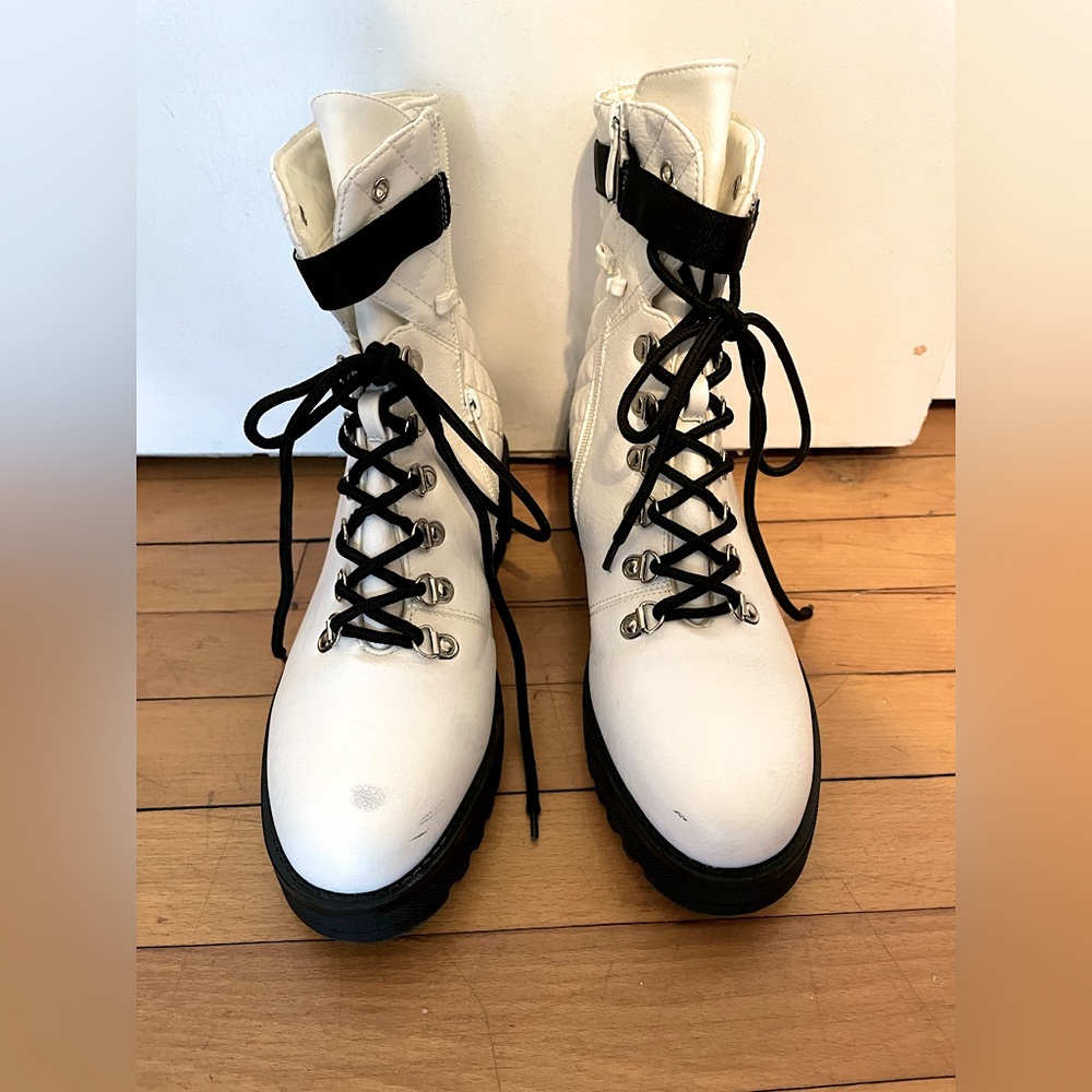 White & black lace up chunky leather platform combat boots